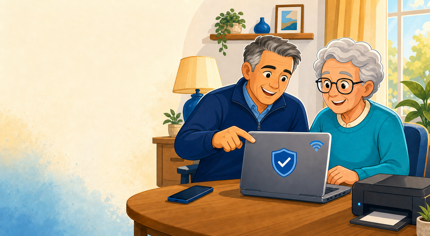A friendly technology helper assisting a customer with a laptop